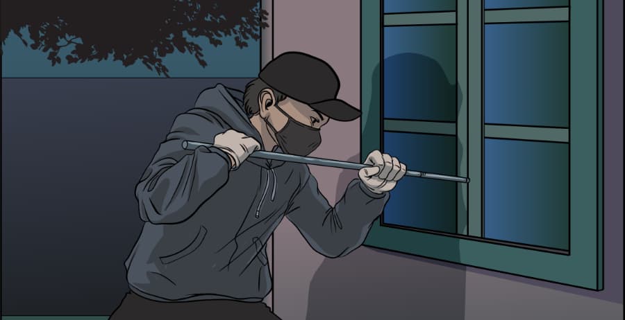 Illustration of burglar forcing entry through a window in Riverside